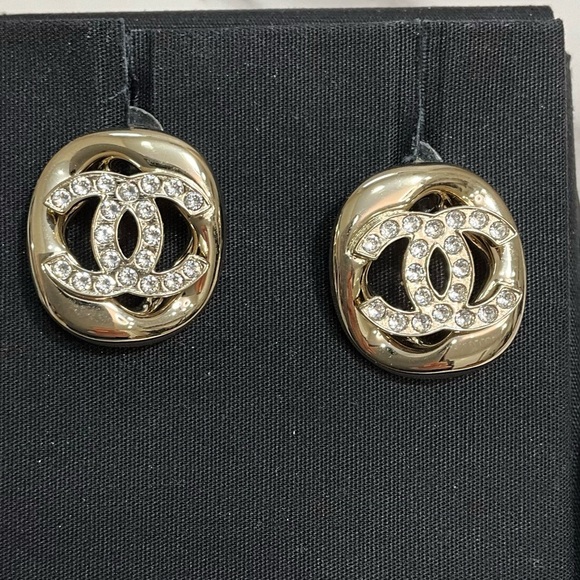 CHANEL Jewelry - Chanel CC Crystal Logo Gold Statement Earrings Large